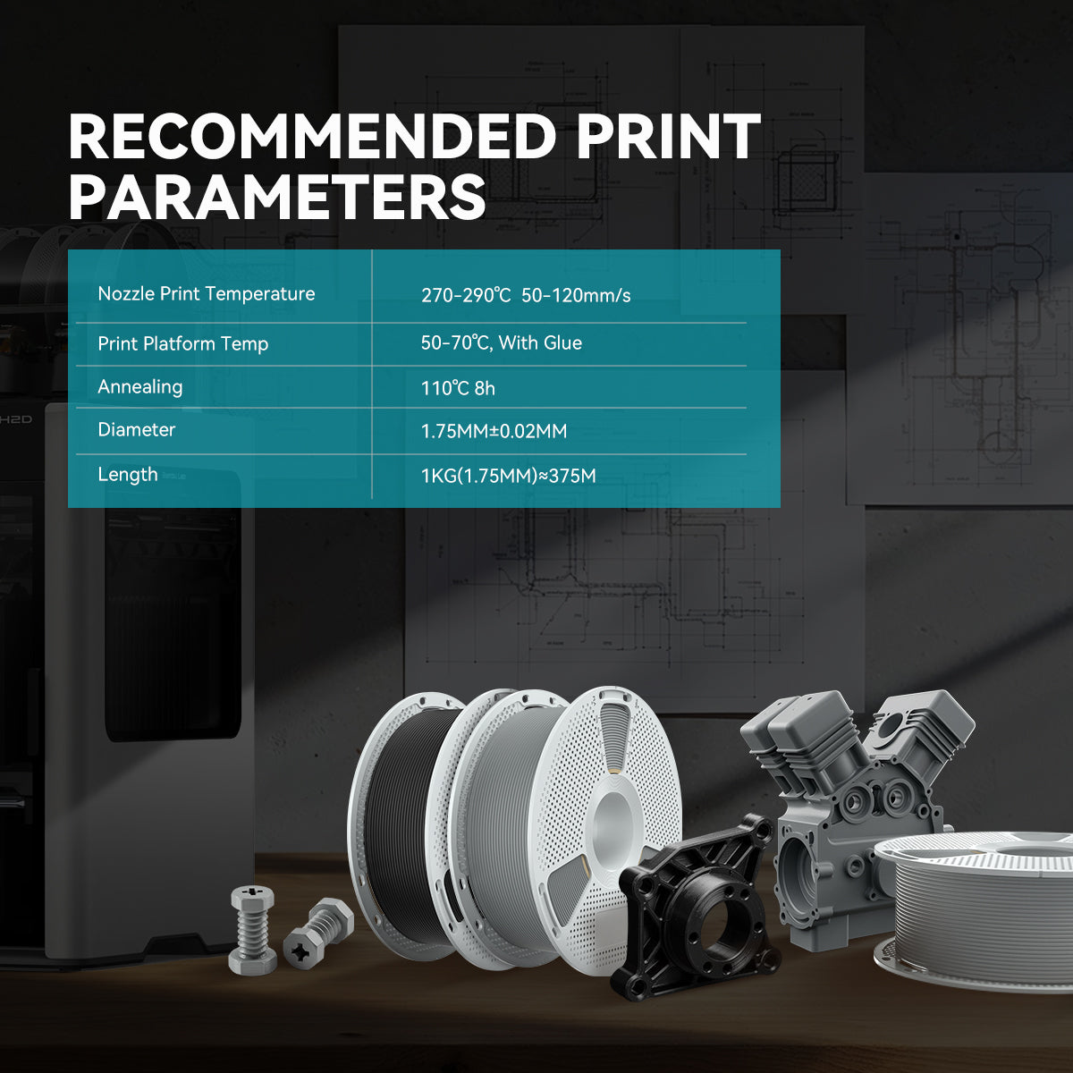 Nylon-6 Glass Fiber (PA6-GF) 3D Printer Filament 1KG