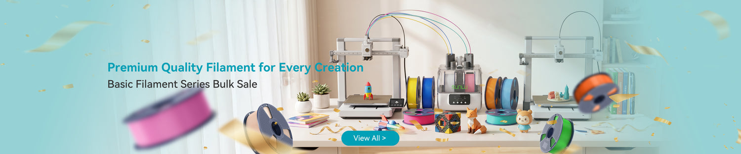A promotional banner for 3D printing filament featuring multiple 3D printers with colorful spools of filament, set against a bright, light blue background with floating gold foil flakes and text reading 'Premium Quality Filament for Every Creation'.