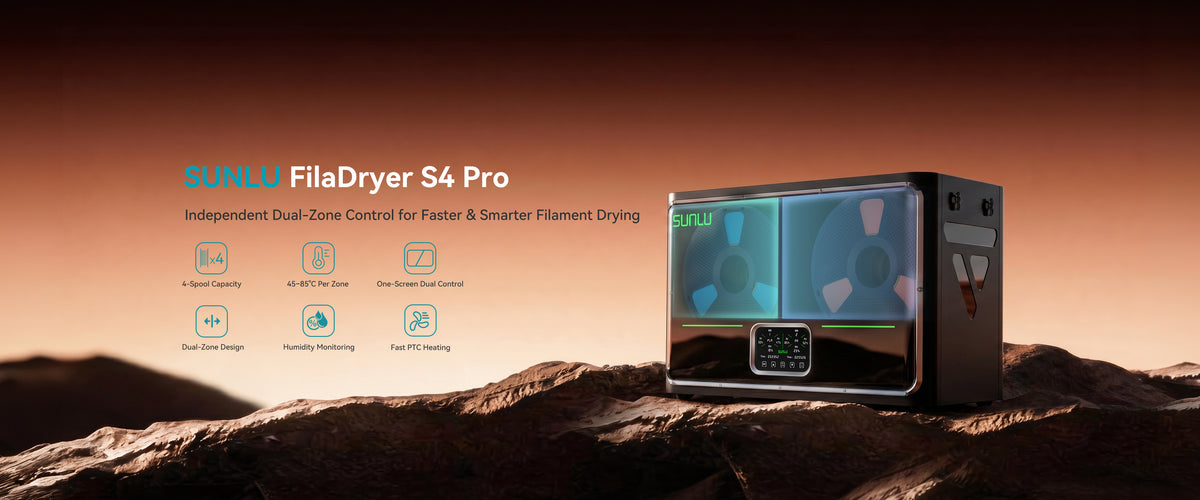 SUNLU S4 Pro filament dryer in a 3D printing workspace