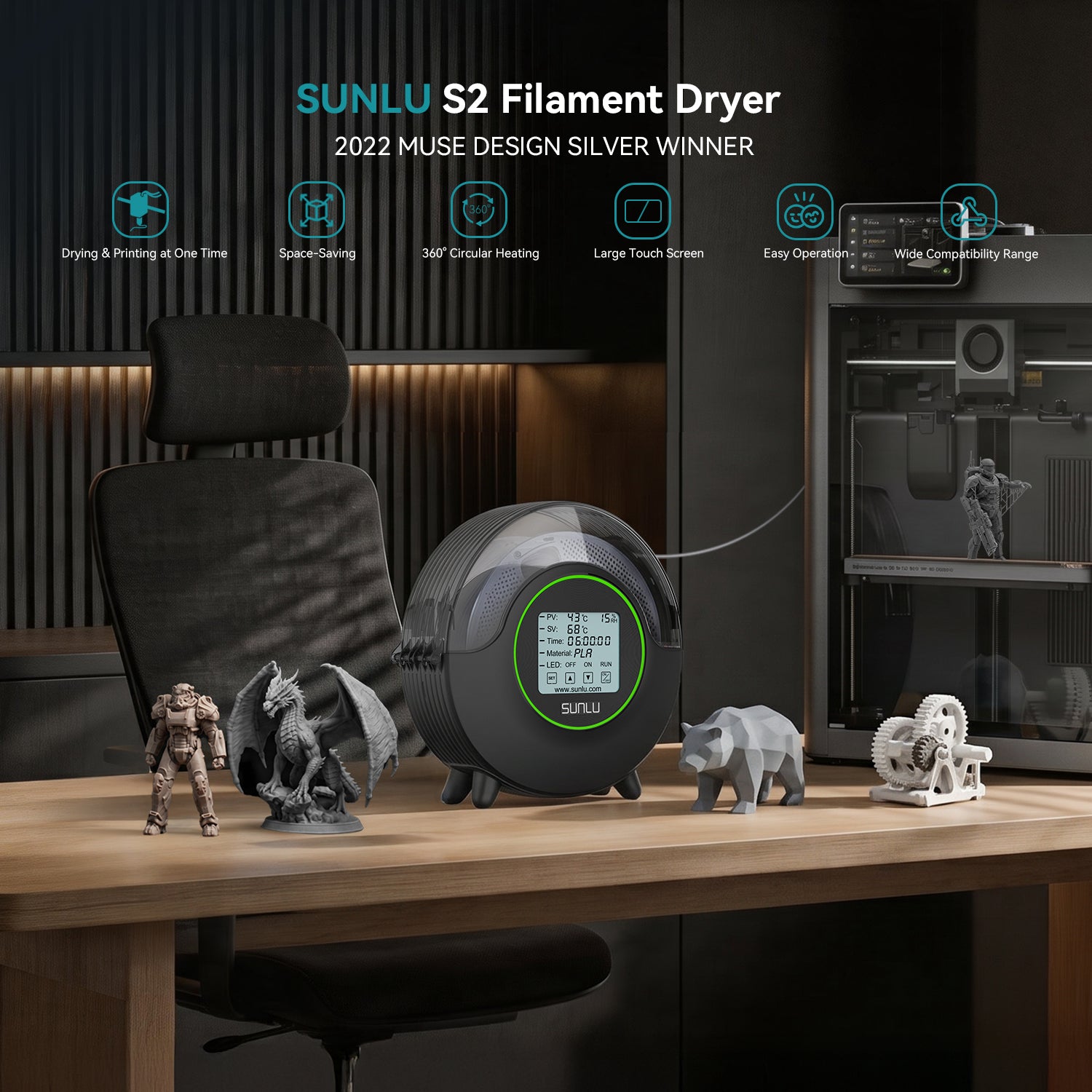 SUNLU S2 Filament Dryer, 360° Surround Heating During 3D Printing