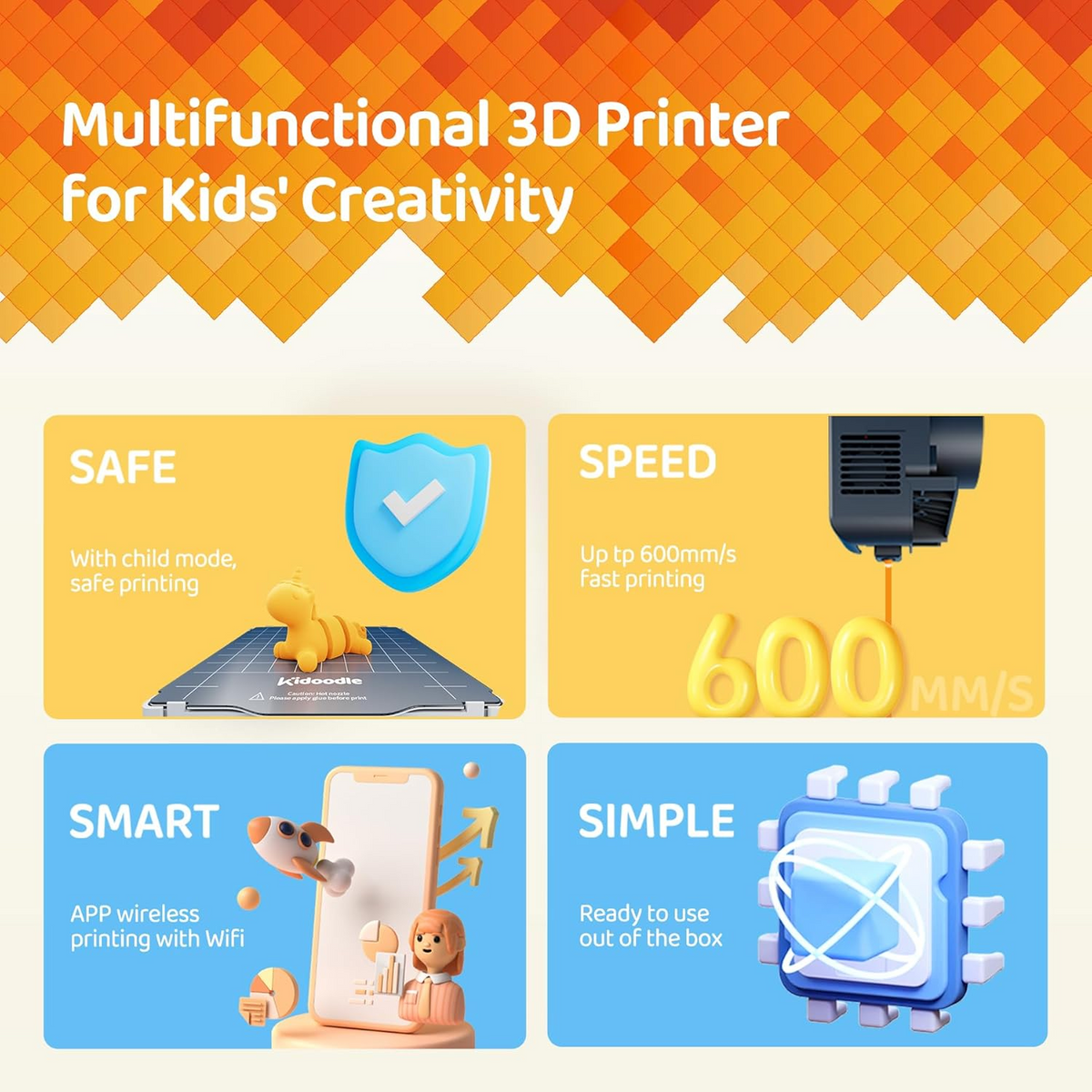 [For Email] Kidoodle MiniBox A1: 3D Printer for Kids, Unleash Creativity with Kidoodle, 600mm/s High Speed, AutoLiv/Design Safe for Kids/5" Touch Screen, Wi-Fi/App Control, Easy to Install at Home/School (Copy)