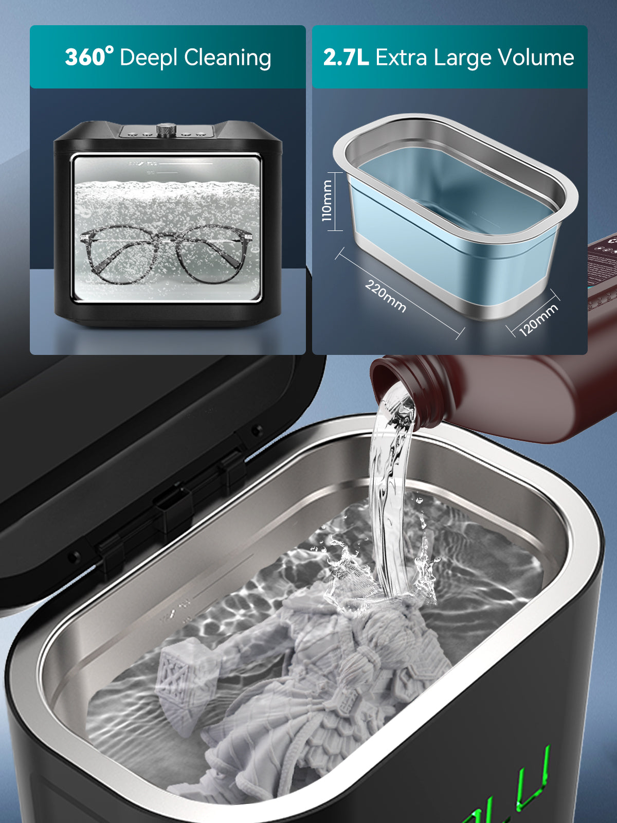 Ultrasonic Cleaner 2.7L with Multi-Speed Options and Time Control